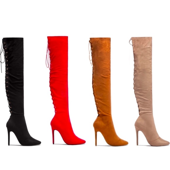 Red High Heel Open Back Corset Lace Up Thigh High Boots - Picture 10 of 13